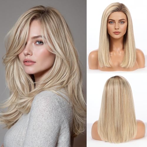 Image of 5x5 Lace Front Wigs for women,Human Hair Blonde Straight Glueless with Free Part & Pre Plucked Natural Hairline 16 Inch（Blonde Mixed Brown）