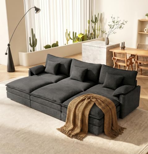 Image of Vesgantti 108 inch Sectional Sleeper Sofa, 6-Seater Oversized Modular Cloud Couch with Movable Ottoman, Corduroy Large Sofa Bed Convertible Deep Seat Couches for Living Room, Bedroom and Apartment, Gray