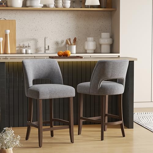 Image of VKNOW Bar Stools Set of 2, 26 inch Upholstered Counter Height Bar Stools,Modern Counter Stools with Wood Legs for Kitchen Island Dining Room Bar,Fabric Grey