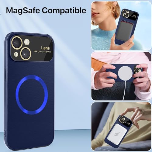 Image of Vaku Luxos Premium Polarized Leather Back Cover for iPhone 15 Plus Texture Full Lens Protection Silicon Case Scratch Resistant Slim Thin Compatible with Mag-Safe - Blue
