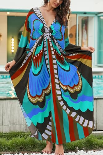 LikeJump Damskie kimono boho dekolt w serek maxi stroje kąpielowe kaftan okrycie bikini letnia sukienka plażowa topy, A niebieski, Einheitsgröße