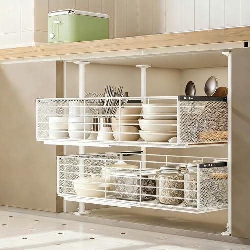 収納ラック キッチンラック シンク下 スライド式引き出し スライドレール付き 伸縮式収納バスケット、大容量収納スペース 取り付けに穴あけ不要 高い安定性、台所用/洗面所収納(54-65cm)