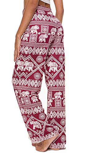 Artfish Women's Loose Baggy Yoga Long Pants Floral Printed Palazzo Flowy Beach Pants Elephant Printed (19# Red, L)