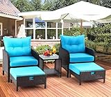 AVAWING 5 Pieces Patio Furniture Set, Outdoor Rattan Chairs with Tempered Glass Coffee Table, Ottomans & Soft Cushions, Wicker Conversation Bistro Set for Garden, Porch, Deck, Balcony (Blue)