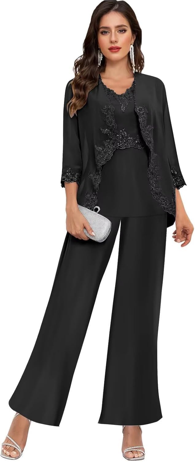 Damen Hosenanzug 3-Teilig Festlich Elegant Chiffon Mutter Der Braut Outfit Brautmutter Anzug Hosenanzüge Mit Jacke