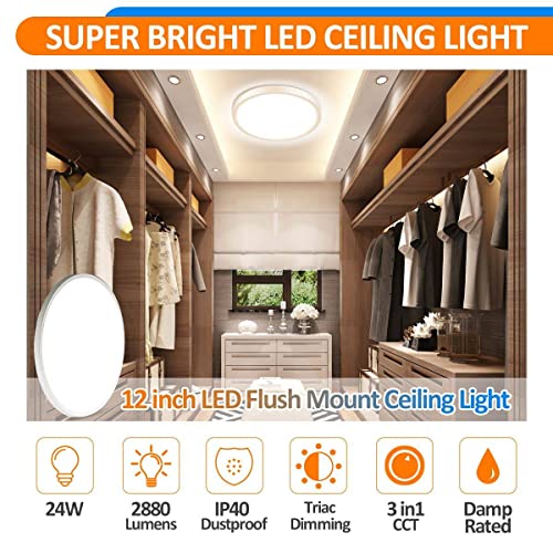 Allsmartlife Led Flush Mount Ceiling Light Fixture, 12Inch 24W 2880Lm Cct 3000K/4000K/6500K Thin Round Flat Panel Light Surface Mount For Kitchen, Bedroom, Laundry. Dimmable Ceiling Lamp #TOP2