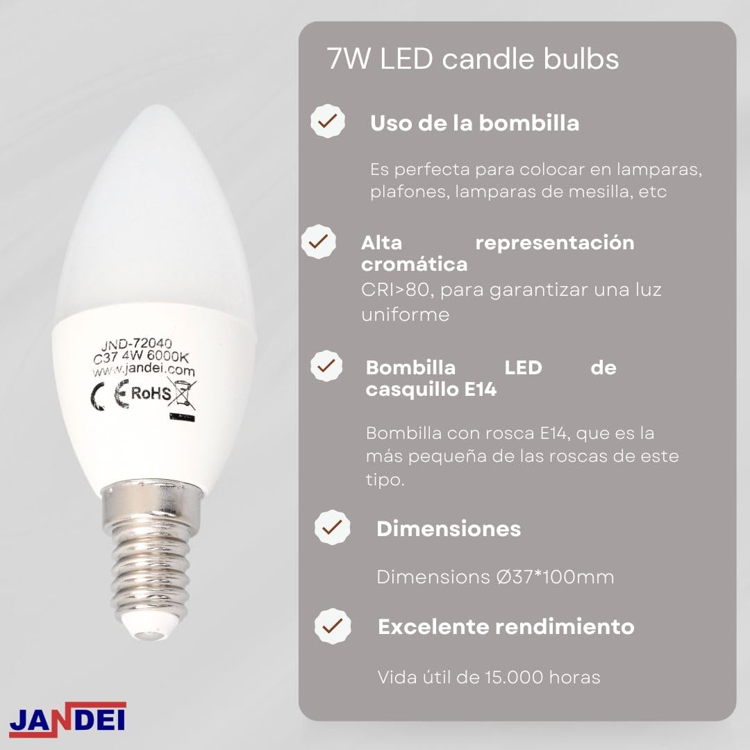 JANDEI, 10 x 4W E14 Thread 6000K Type C37 LED Candle Bulb, Perfect for Living Room Kitchen, Office, Bedside Table, Bedroom - Image 2