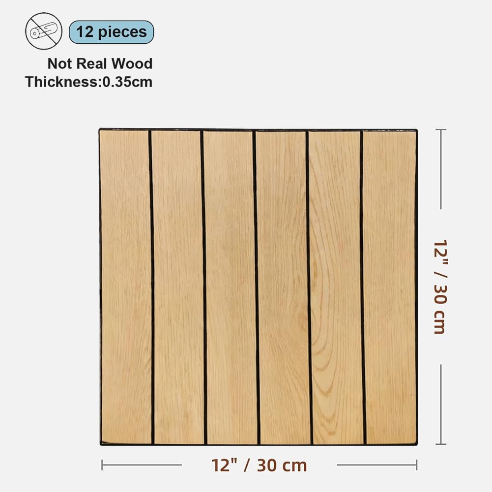 LOMUG Paneles de pared autoadhesivos con aspecto de listones de madera, 30 x 30 cm, paneles decorativos de pared de PVC, absorbentes de sonido, para salón y dormitorio, paquete de 12 unidades (AC-009)