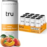 Tru Energy Drink, Caffeinated Sparkling Water with Real Fruit Juice, Orange Mango Flavored Seltzer, Natural Caffeine, No Added Sugar, Keto, Vegan, Kosher, Gluten Free, 12 Fl Oz (Pack of 12)