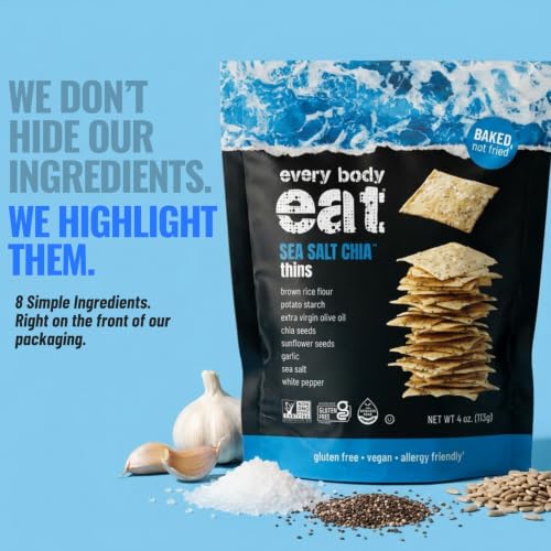 Image of Every Body Eat Gluten Free Crackers, Sea Salt Chia - Plant Based Snacks, Vegan Snack Crackers, Dairy Free, Seed Oil Free (Pack of 6), 4 oz Bags