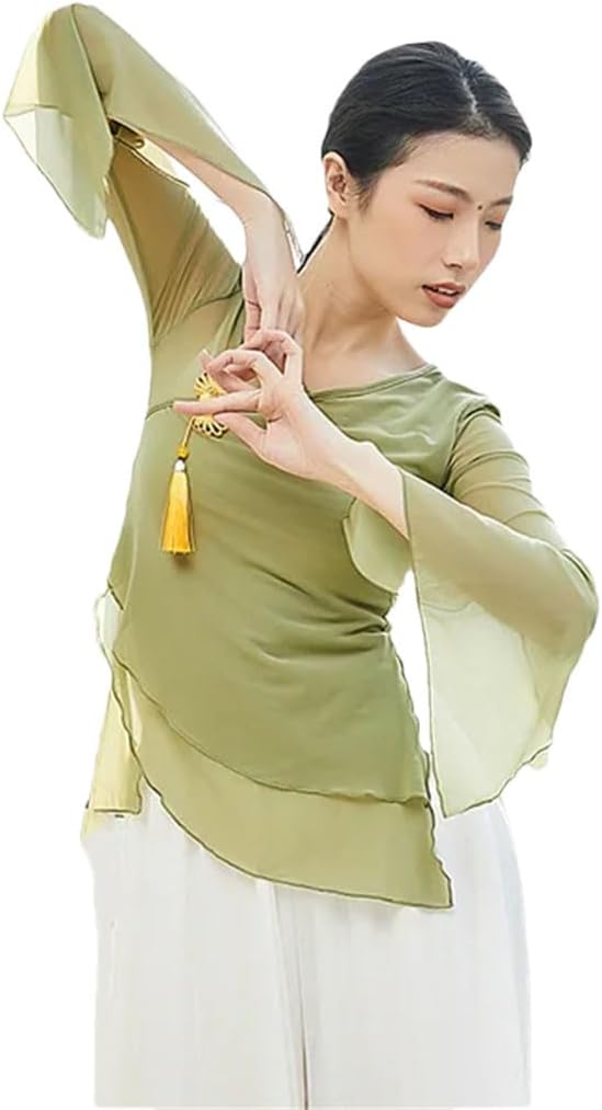 Women Classical Dance Shirt Light Weight Sexy Transparent Mesh Top Horn Long Sleeve Chinese Folk Dancewear