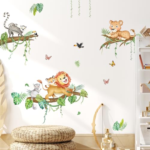 Tanlaby Stickers Muraux Lion Léopard Lémurien sur Arbre Autocollants Muraux Animal de la forêt Sticker Mural Amovible Stickers pour Chambre de Bébé...