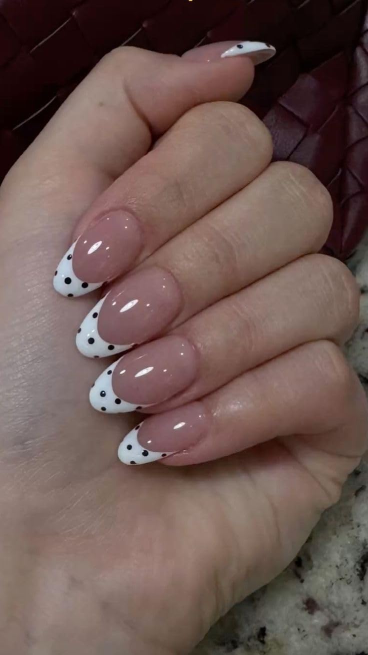 French Tip Nail Art Stickers, White Tips with Black Polka Dots | Almond Shape, Glossy Finish, Nail Design, Self-Adhesive, Reusable-image-48