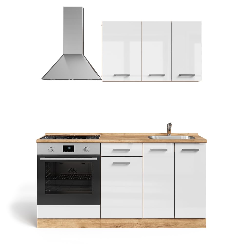 Vicco Pojedyncza kuchnia "R-Line", Biały połysk/złoty dąb power, 160 cm | z szafką pod piekarnik i zlewem bez BL, préparé pour l’intégration d’appareils électroménagers et d’un évier