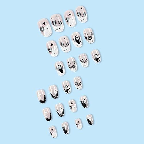 Miniatura 4 de Uñas postizas a presión de Halloween, 24 unidades, uñas postizas cortas de almendra, uñas con pegamento para mujeres, niñas, adolescentes con