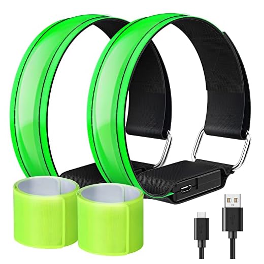 MoKo 2-Pack LED Bracelet Armband Rechargeable with 3 Light Modes, High Visibility Wrist Arm Ankle Light Up Bands for Running Night Walking Reflector Gear with Reflective Slap Bands, Green