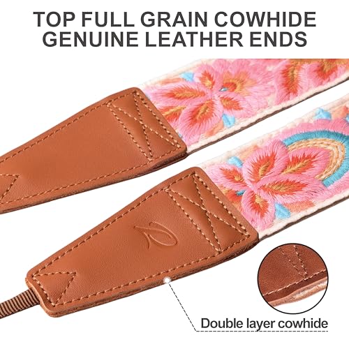 Image of Padwa Lifestyle Colorful Knit Camera Strap - 2 inch Full Grain Leather Ends Camera Straps for Photographers, Vintage Embroidered Cotton Soft Suede Fabric Padded Strap Quick Release fits All Cameras