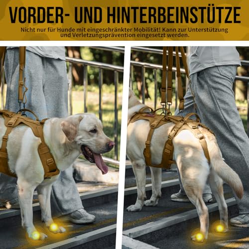 OneTigris Hundegeschirr, Tragehilfe Hund Ganzkörper Mit 2 Schultergurte Abnehmbares, Hund Tragehilfe Verstellbare Rückenlänge für Rüden und Hündinnen, Sicherheitsgeschirr mit 3 Griffen, L Olivgrün