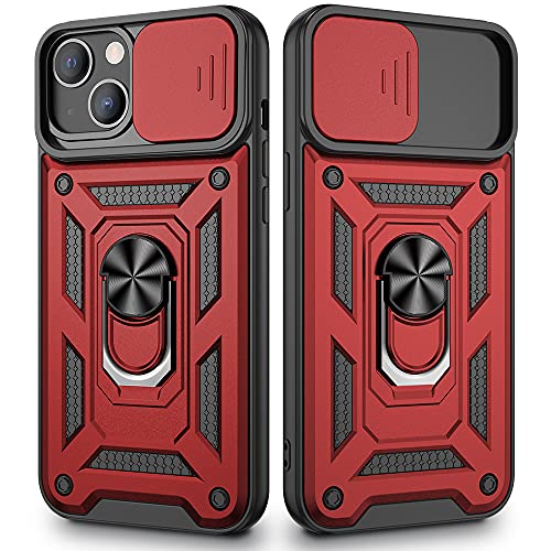 VEGO Compatible for iPhone 13 Case, iPhone 13 Kickstand Case with Slide Camera Cover, Built-in 360Â° Rotate Ring Stand Magnetic Cover Case for iPhone 13 6.1 inch 2021 - Red