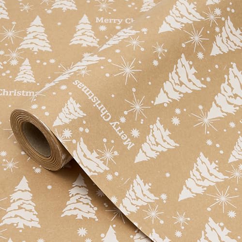 Rollo de papel de regalo de 15 m, papel kraft reciclable de 43 cm para decoración de regalos de Navidad y cumpleaños (árbol)