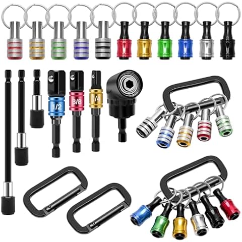 Anglekai 18PCS Bit Holder Cool Gadgets, 11PCS Drill Bit Holder Keychain/ 3PCS Impact Drill Bit Sockets Adapter/ 3PCS 1/4’’ Quick Hex Shank/ 105°Right Angle Drill Driver 1/4’’Hex Shank Screwdriver Bit Cover