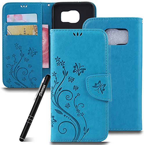 Case for Samsung Galaxy S7,Slynmax Ultra Thin Lightweight Bookstyle Embossed Butterfly Floral Flower Case Flip Folding Folio PU Leather Wallet Phone Cover Case Inner Soft Silicone with Foldable Blue