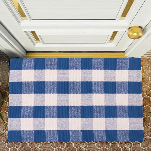 RAJRANG Buffalo Plaid Checkered Area Rugs 3x5 ft Hand Woven Front Door Mat Outdoor Bright Cobalt and White Washable Cotton Rug for Entryway Porch Farmhouse Kitchen Bathroom Patio Home Décor