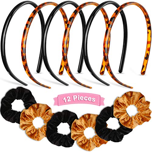 12 Pieces Teeth Headband Plastic Velvet Hair Scrunchies Set, Include Plastic Comb Hairband Hair Bands Scrunchies and Hair Hoop Hairband with Non Slip Teeth for Women Girls Outdoor Sports Yoga
