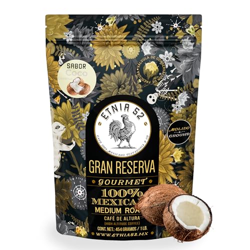 Café Molido de Altura - Sabor Coco | 454gr | Tostado Medio | Sin azúcares añadidos | 100% Arábica | Certificación Kosher | Cafe para Cafetera | ETNIA 52