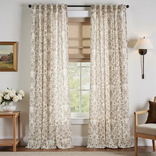 Image of jinchan Linen Floral Curtains for Living Room with Printed Flower 96 Inches Long Light Filtering Farmhouse Window Treatment Vintage Drapes Back Tab Rod Pocket 2 Panels Taupe on Beige