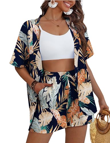 REDHOTYPE Women's 2 Piece Outfits Kimono Style Tropical Print Cover Ups Half Sleeve Blouse Shorts Set Summer Beachwear （S-XL）