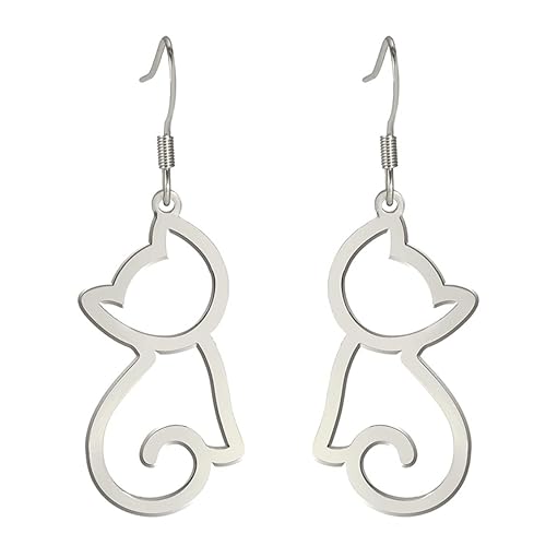 Cat Earrings For Women Girls Stainless Steel Hollow Out Style Cute Charm Open Cat Dangle Hook Earrings Jewelry Gifts For Pet Lovers - Silver