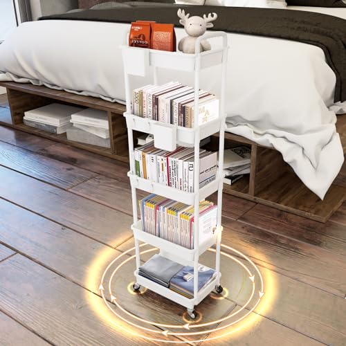 Image of 5 Tier Rolling Utility Cart with Handle,REBECAT Utility Cart Made of Multifunctional Storage Organizer Tool for Kitchen,Bathroom,Living Room,Office(White)