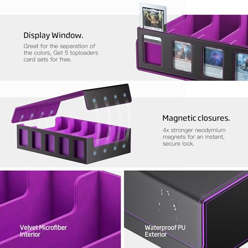 Image of 3900+ Trading Card Storage Box for MTG TCG PTCG Sports Card, Black Purple | 5-Row 3900+ Capacity Card Case, Magnetic Lid & Commander Display, Top Loader Storage, Includes Dividers & Dice Box
