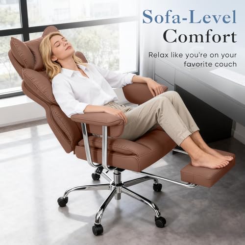 Image of DUMOS Big and Tall Office Chair 400 LBS, Scratch-Resistant PU Leather Executive Office Desk Chair with Footrest, Ergonomic Reclining Computer Chairs with Pocket Spring Support, Brown