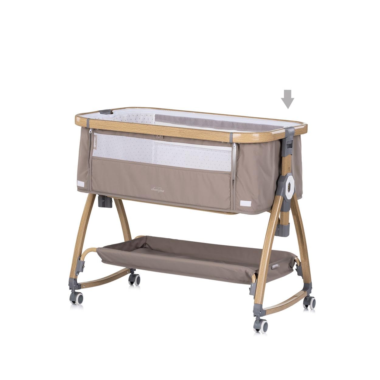 Chipolino Beistellbett Charisma Matratze höhenverstellbar Räder Ablagefach Gurt braun