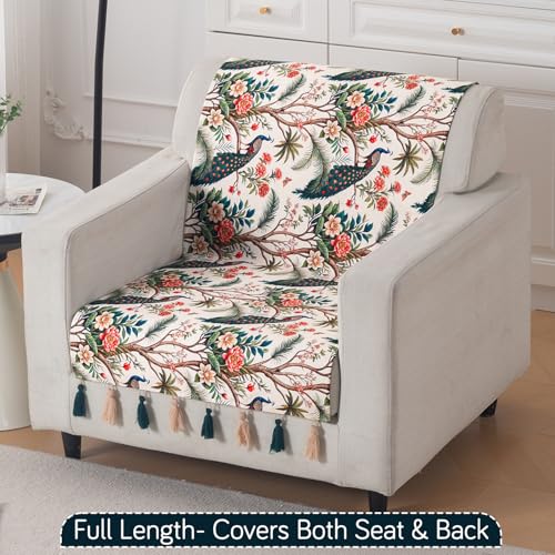 Image of HOKIPO Printed Holland Velvet Sofa Cover with Tassels for 1 Seater Sofa | Full Protection for Sofa Seat and Back | 'Whispers of Nature' (160x60 cm), Multicolor Tropical Peacock (IN-1125-D1)
