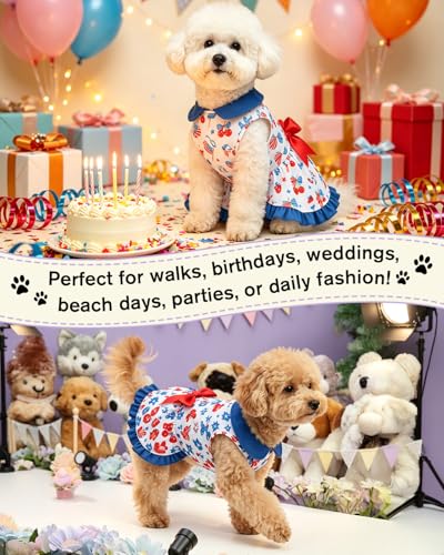 Image of CuteBone 4th of July Pet Dress with Peter Pan Collar - Patriotic USA Flag Pattern - Sleeveless Ruffled Skirt with Bow for Small Dogs, Cats - Festive & Daily Wear