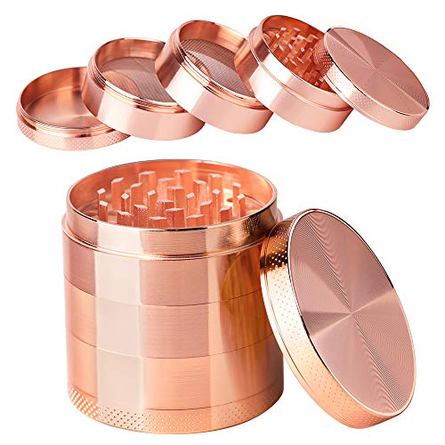 iRainy [5 Piece] Spice Herb Grinder with Pollen Catcher, 2.1 Inch, Metal Rose