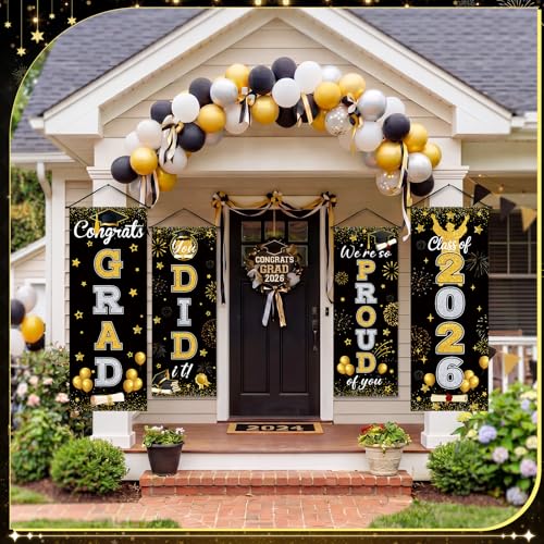 Panelee 4 Pcs Black Gold Graduation Party Decorations 2026 Congrats Grad Porch Banners Class of 2026 Hanging Banner Backdrop for Classroom School Doorway Indoor Outdoor Wall Hanging Decor — view 6