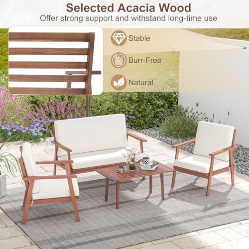 Tangkula 4 Piece Outdoor Conversation Set, Acacia Wood Sofa Set with Soft Seat & Back Cushions, Rectangle Coffee Table Patio Wood Furniture Set for Backyard, Poolside, Garden (1, Off White)