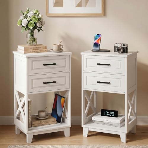 Image of RoyalCraft 30 inch Tall Nightstand, Modern Painted Bedside Table with 2 Drawers and Open Shelf, Wood Side Table for Bedroom, Home Office, White-Open Shelf Below, Set of 2