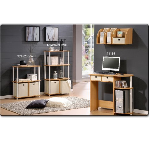 Image of Furinno GO GREEN Storage Shelf, 4-Tier Storage Rack with Bins, Book Shelf, Display Rack, with Storage Bins, for Organization and Storage, Living Room, Home Office, Beech