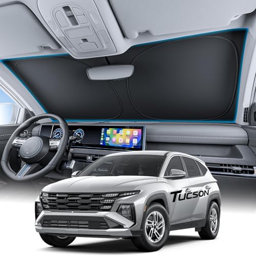 Image of Wigoo for Hyundai Tucson Windshield Sunshade [OEM Design, 100% Sun Blockage] Foldable Heat Insulation Sun Shade with Storage Bag, for Hyundai Tucson (2022-2026), Silver Coating