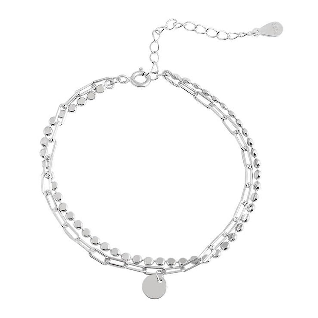 LEEQ2 en 1 Pulsera Mujer - Elegante Pulsera con colgante redondo, de Acero inoxidable, pulsera ajustable pulsera, Eslabones Amistad Ajustable Charm Pulseras Capas Regalo Aniversario