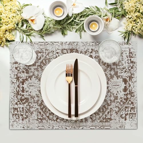 Image of Gray Brown Boho Placemats Set of 4 Ethnic Bohemian Carpet Place Mats Washable Kitchen Dining Vintage Grey Geography Floral Linen Table Mats Stain Heat-Resistant for Home Party Indoor 12x18 in