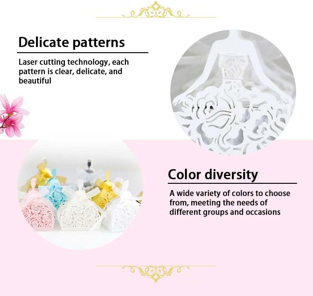 Steedna 50 Pack Bride Pattern Chocolate Gift Box Sector Pearl Paper Hollow Out Small Gift Box Wedding Dress Laser Cut with Ribbons Candy Boxes Party Favors Chocolate Box (White)