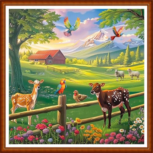 Image of Joyhoor Stamped Cross Stitch Kits for Beginners Needlepoint Kits for Adults Embroidery Kits 11CT Counted Cross Stitch Kits Printed Embroidery Pattern-Outdoor Scenery 18x18 inchs