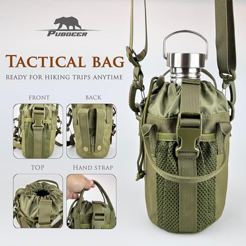 Canteen 42oz Single Wall Water Bottle with 24oz Nested Camping Cup and Carrier Bag, Stainless Steel,