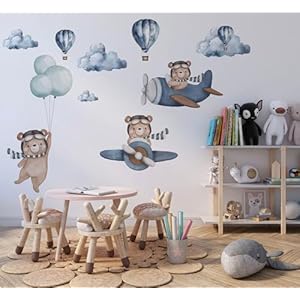 Large Bear & Airplanes Wall Stickers for Kids Bedroom – Bear Hot Air Balloon Wall Decals – Baby Nursery Wall Decals – Plane Wall Sticker for Baby Nursery Playroom Bedroom Girls Boy Room Wall Decor